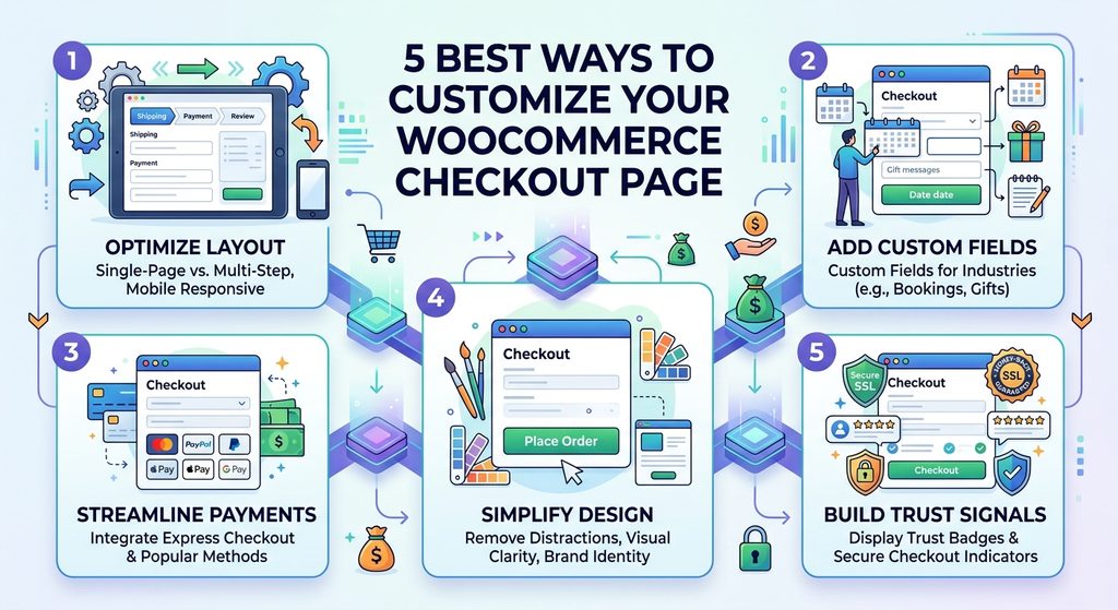 Illustration showing 5 tips for customizing a WooCommerce checkout page, including optimizing layout, adding custom fields, streamlining payments, and simplifying design.